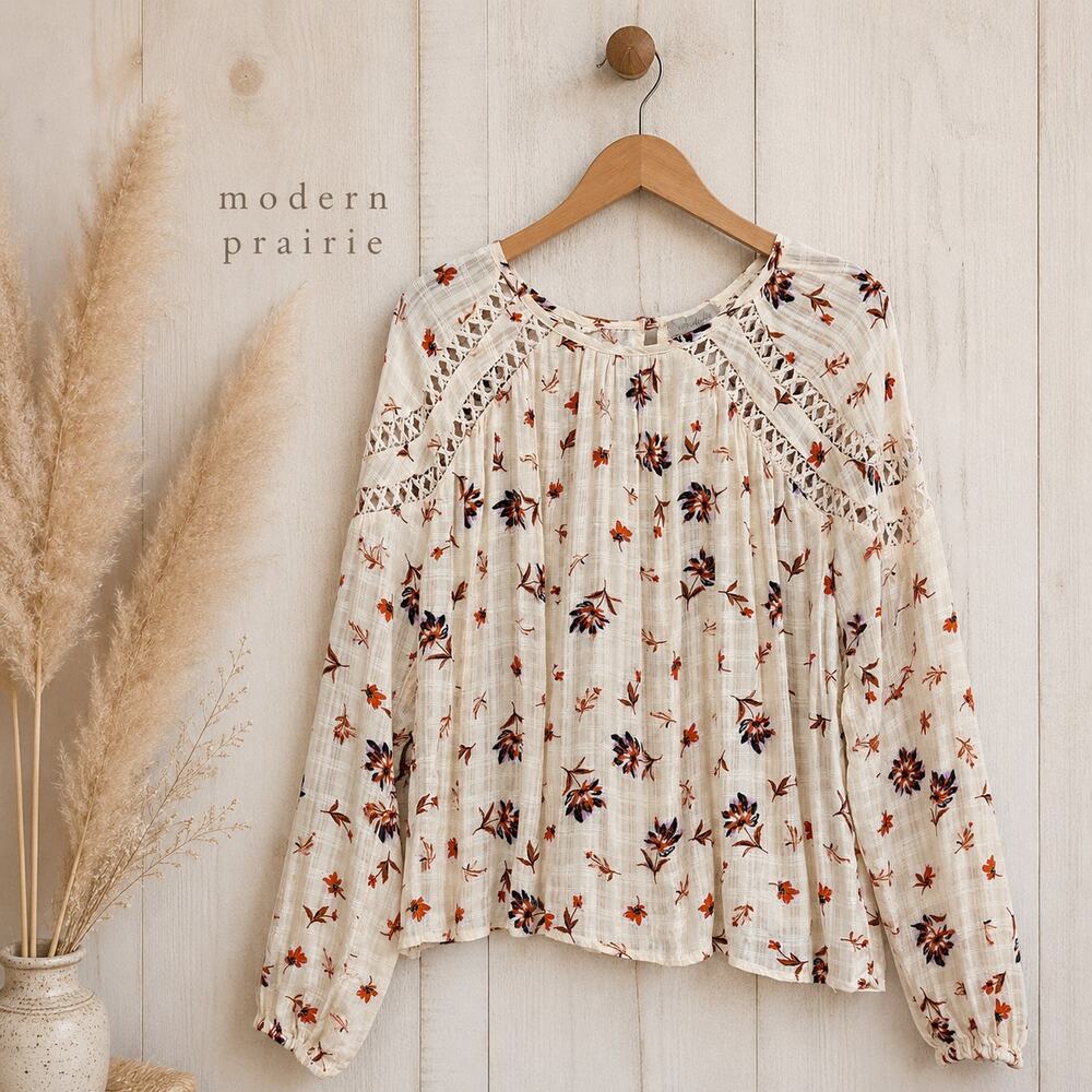 Wonderly Floral Boho Peasant Blouse Crochet Lace Detail Size Small
